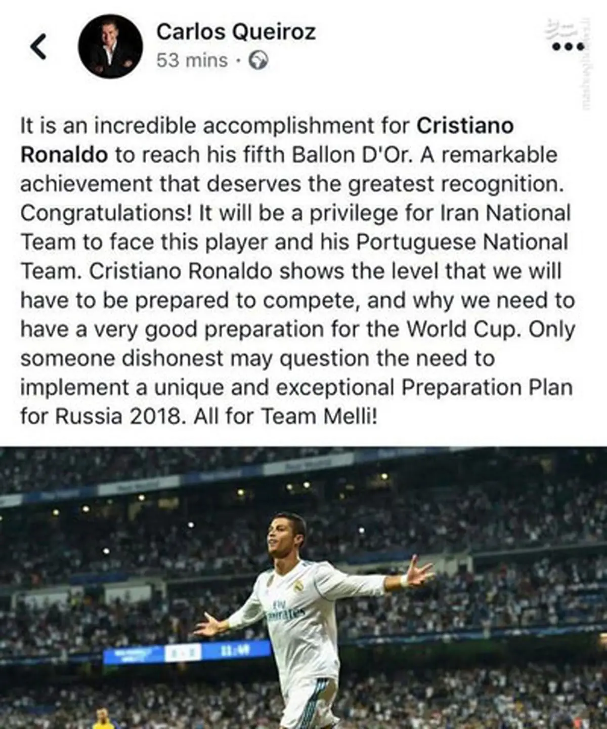 واکنش کی‌روش به توپ طلای پنجم رونالدو