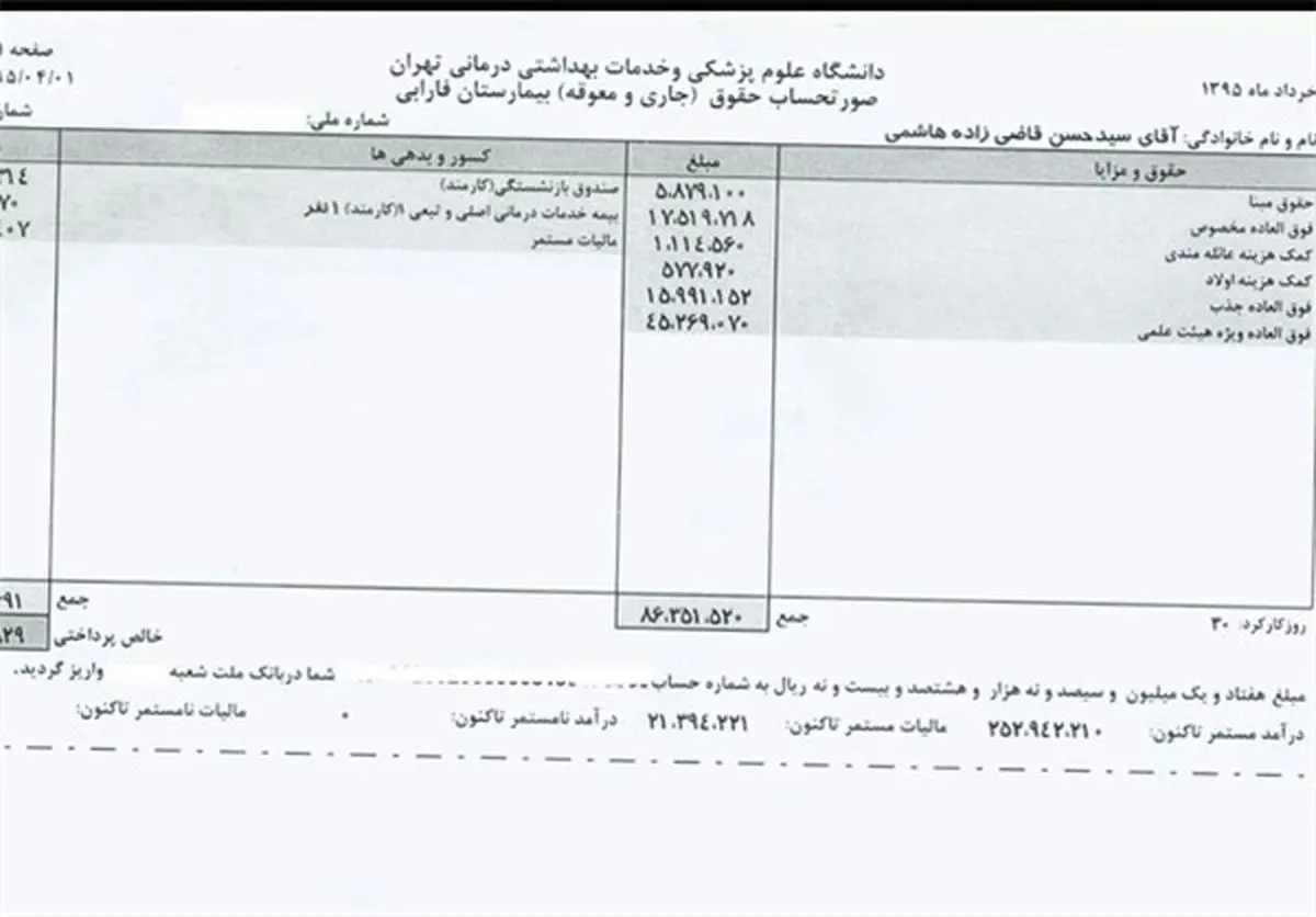 فیبش حقوقی وزیر بهداشت+سند