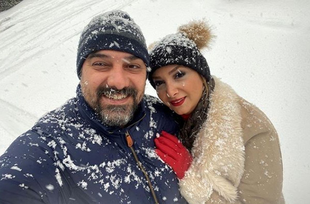 عکس عاشقانه برزو ارجمند و همسرش زیر برف