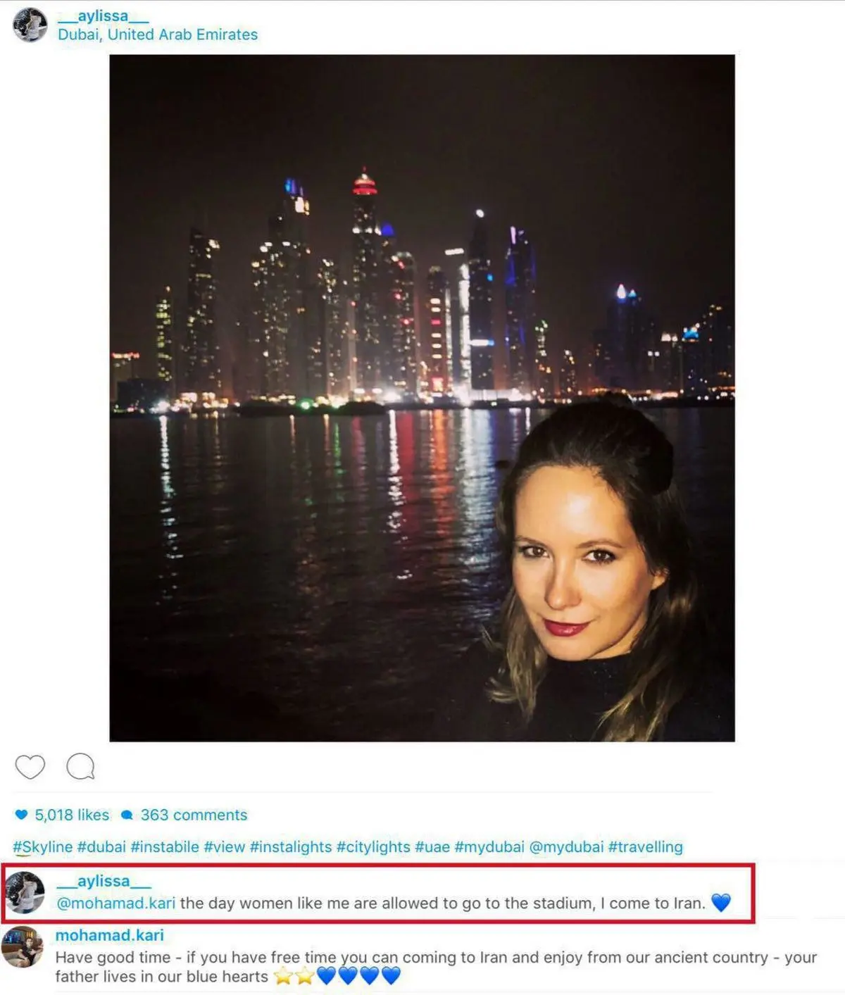 دختر شفر: روزی میام ایران که زنان مثل من، اجازه ورود به استادیوم را داشته باشند