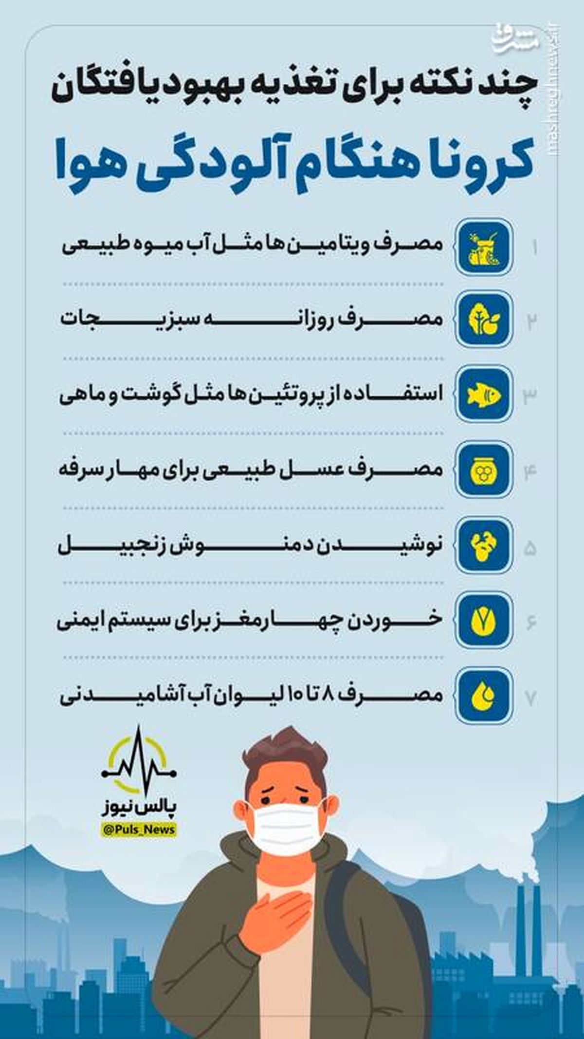 چند نکته برای تغذیه بهبودیافتگان کرونا هنگام آلودگی هوا