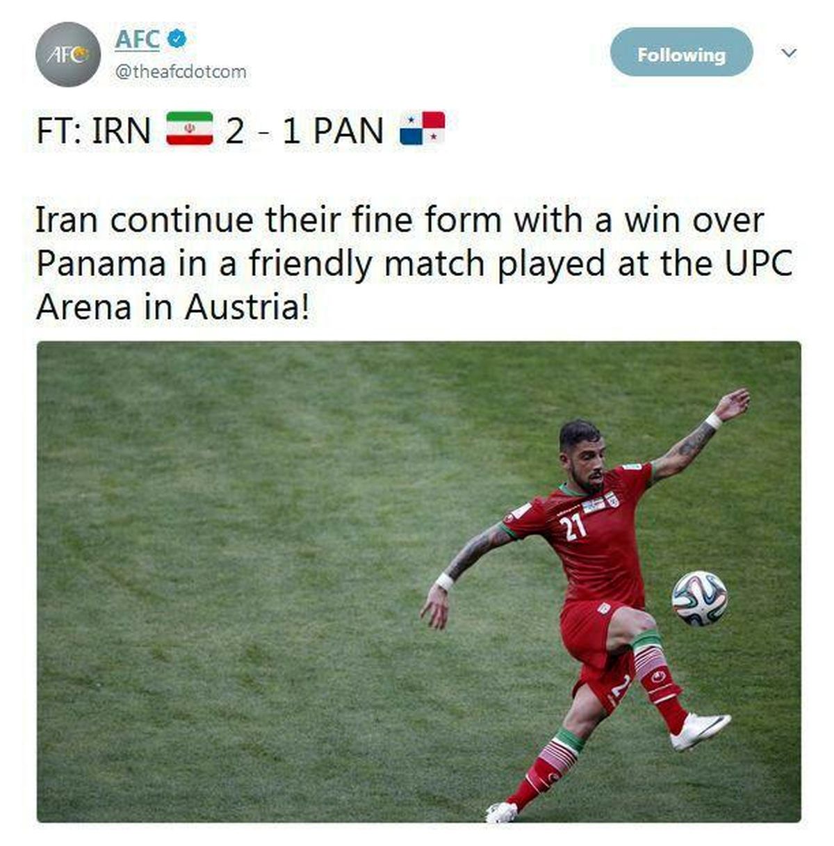بازتاب پیروزی شاگردان کی روش  در صفحه ی توئیتر AFC