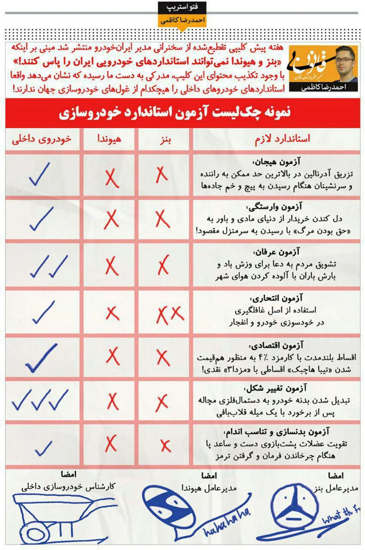 چک لیست خودروهاى داخلى و مقایسه با هیوندایى و بنز! (طنز)