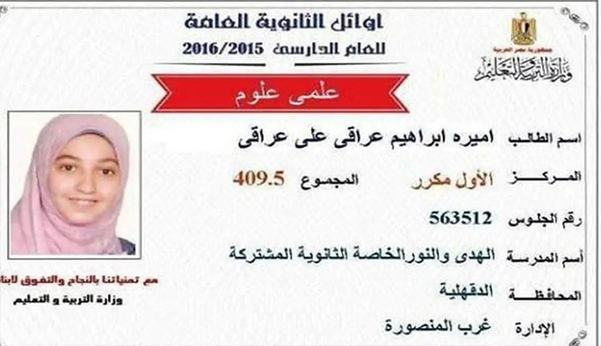 دختر عضو زندانی اخوان در مصر، رتبه اول کنکور شد!
