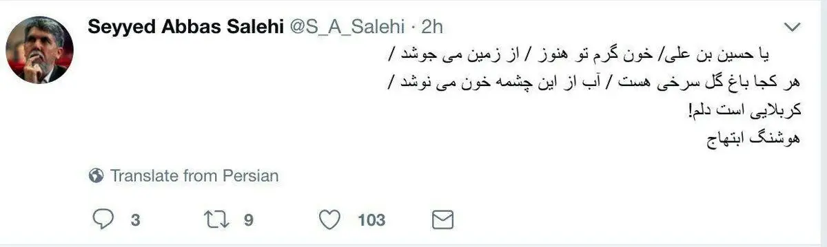 توییت تازه وزیر ارشاد به مناسبت اربعین با شعری از ابتهاج/ عکس