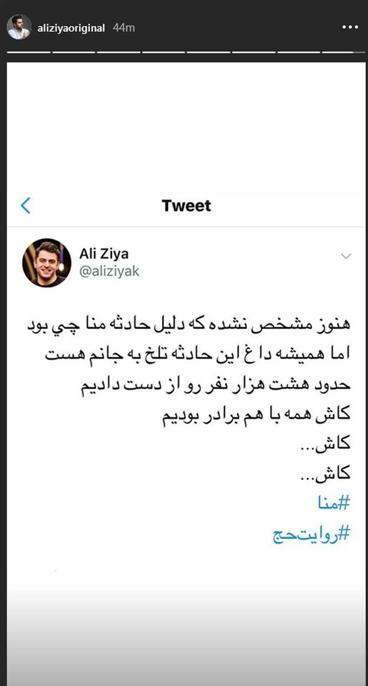 پست کنایه دار علی ضیا در مورد حادثه منا