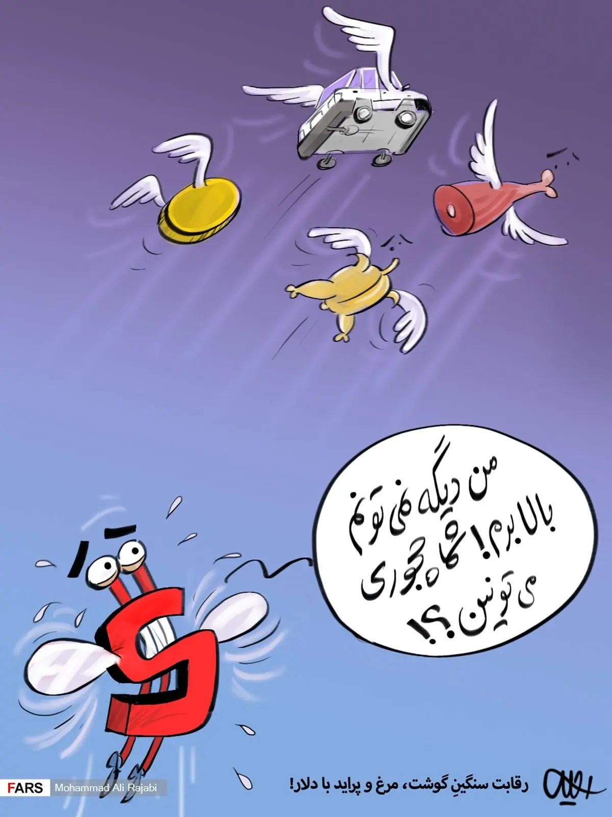 کاریکاتور:رقابت سنگین گوشت، مرغ و پراید با دلار! .